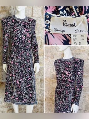 Rare Vintage 1980s Averardo Bessi Silk Jersey Dress w/Matching Belt Pink Blue